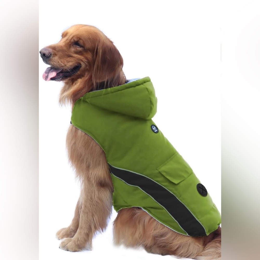 NWOT EMUST Dog Coat, Removable Hood, Windproof Fleece Lining, Green, Large
